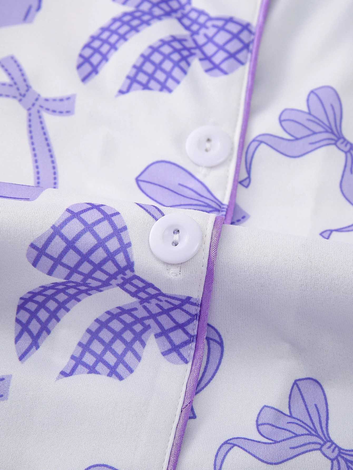 Bow print can be worn on womens spwear lapel button short sves and loose elastic shorts womens home wearXJ250220