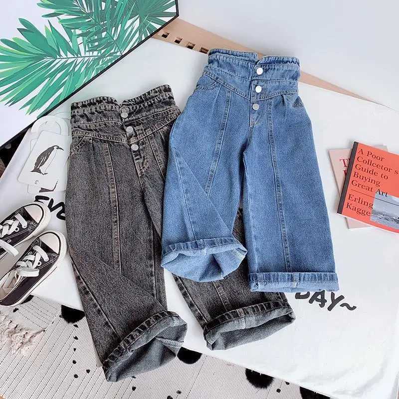 Kids Wide Leg Pants 2024 Autumn Winter New Person Fashion Girls Hight-Waist Jeans Elastic Waist Button Pocket Casual Jeans Z250220