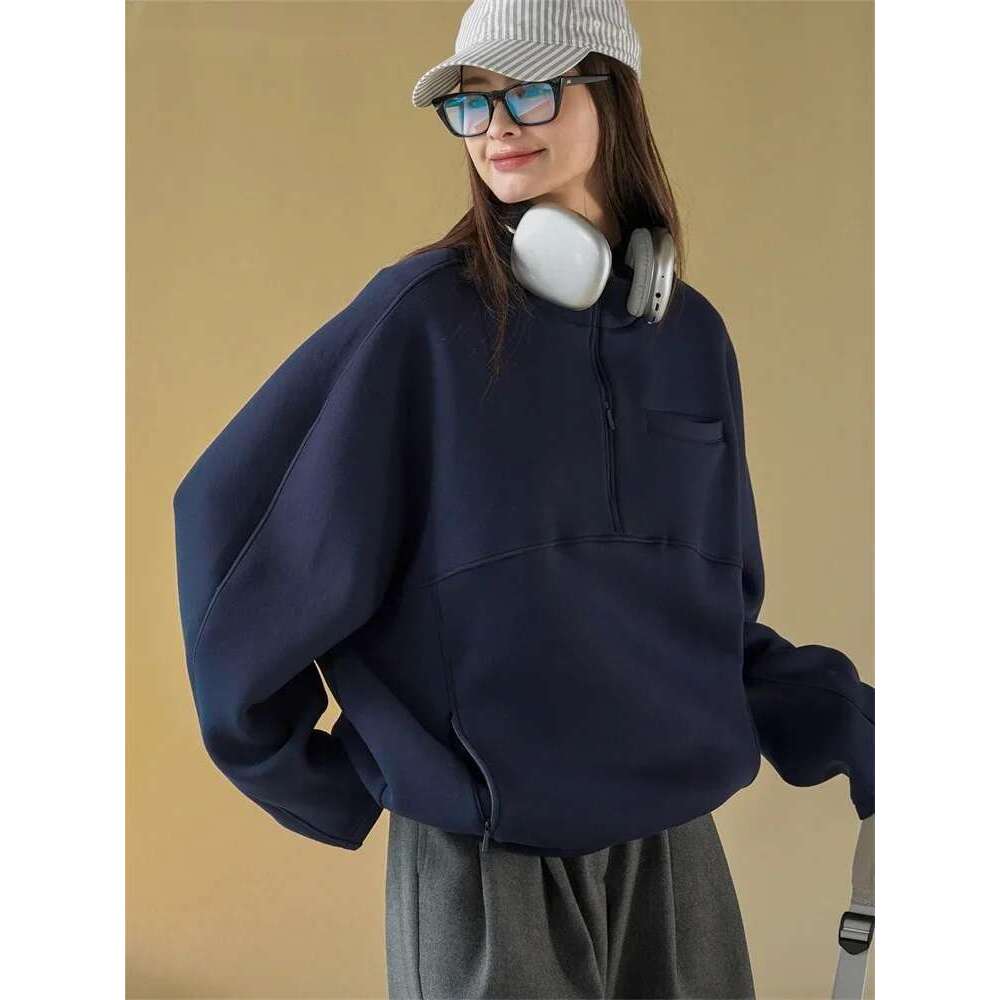 2025 Early Spring Fashion Half Turtleneck Air Layer Pullover Sweatshirt Women Loose Casual Top Grey/Navy Blue