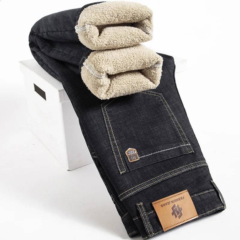 Winter Lamb Fluff Denim Straight Pants Men Thicken Big Size 40 Jeans High Waist Stretch Jeansy Fleece Lined Warm Slim Vaqueros 250214