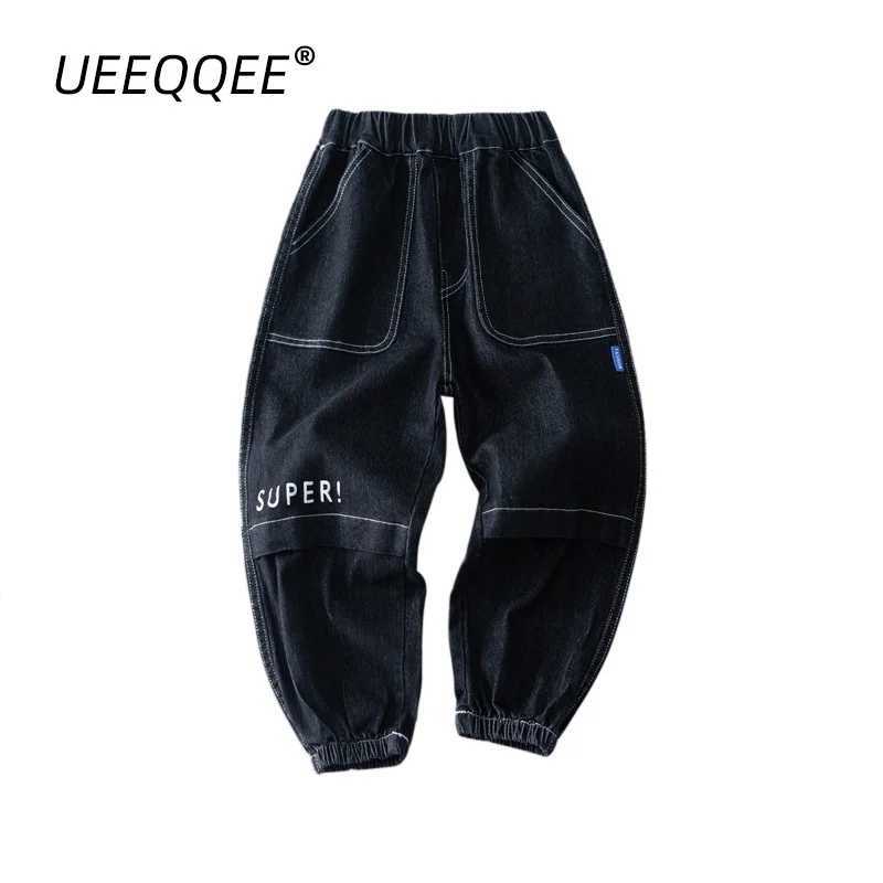 Spring Autumn Children Jeans 4-8Y Boys Cotton Letter Splice Stretch Denim Pants Loose Korean Trousers Kids Wear Clothes 2024 New Z250220