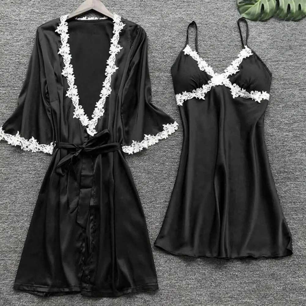 5 Pcs/Set Women Pajamas Suit Silky Satin Nightgown Nightdress Top Shorts Pants Set Lace Patchwork Lace-up Women Spwear SetXJ250220