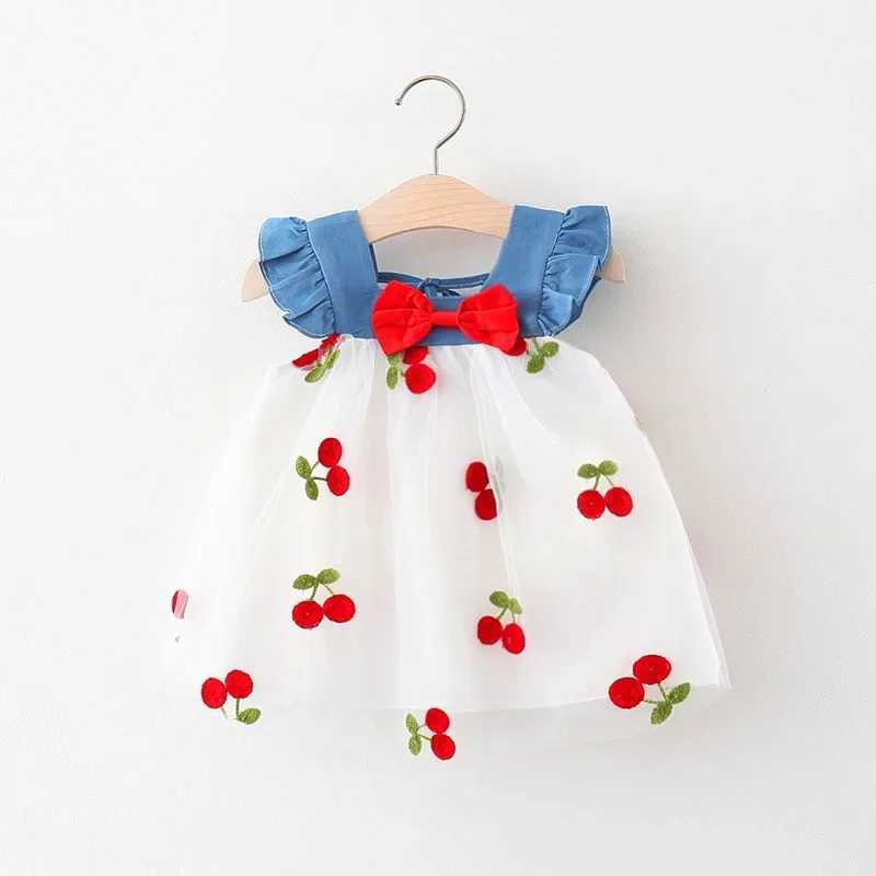 Summer Girls Suspender Dress Baby Girl Cherry Embroidered Mesh Denim Patchwork Small Flying Sleeve Princess Skirt X250220
