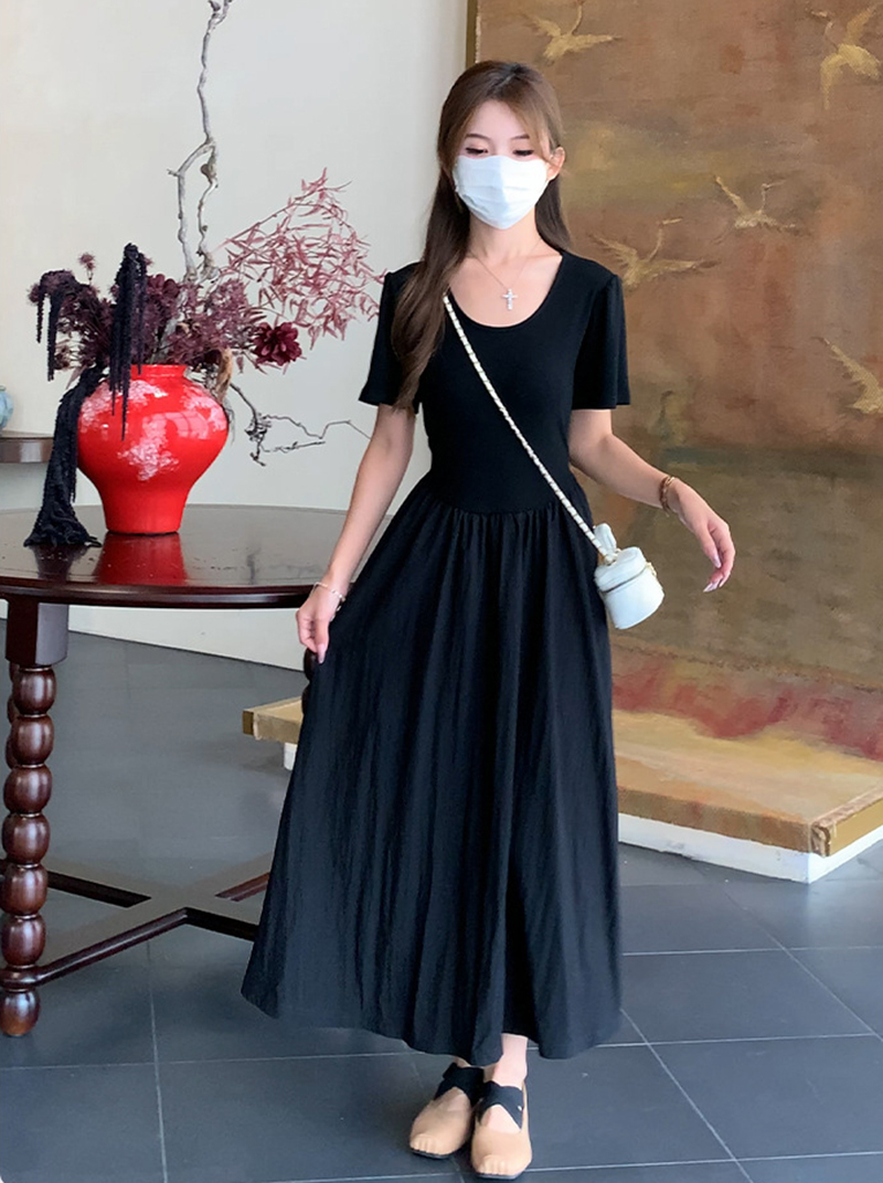 C33814 Temperament Little Black Dress Summer Black French Waist Large Swing Dress High-grade Slimming A-line Skirt