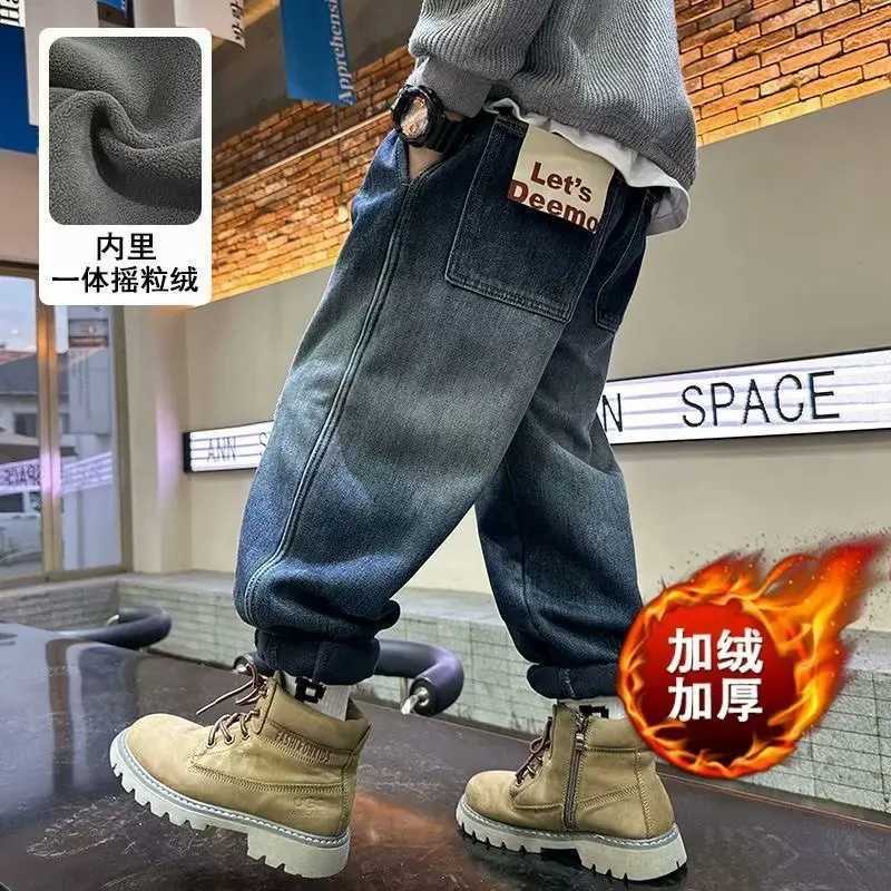 Boys Pants Winter Warm Fleece Velvet Denim Pants Jeans Winter Warm Elastic High Waist Kids New Children Jeans Z250220