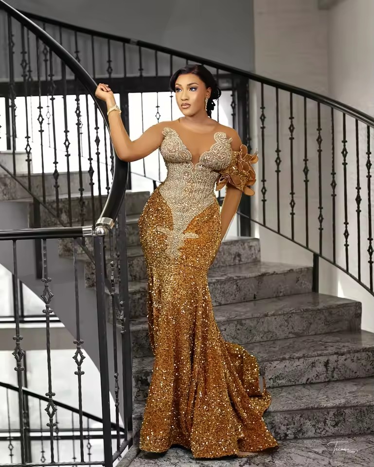 Elegant Gold Evening Dresses For Women Beading Sequin Mermaid Prom Gowns 2025 Birthday Party Dress Vestidos De Gala Customized