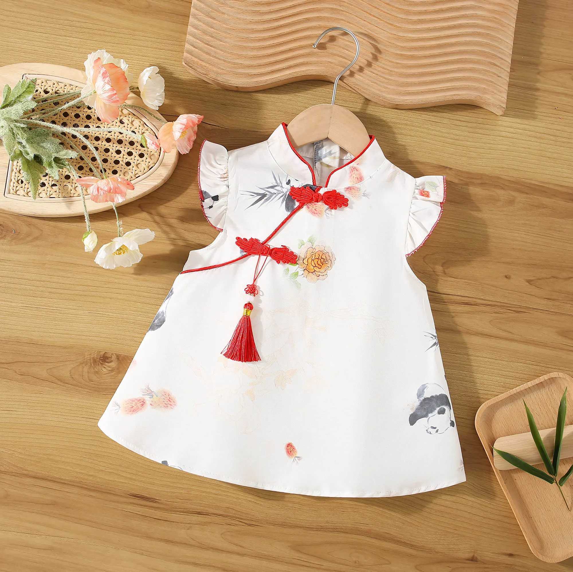 Summer Baby Girl Cotton Panda Print Tassel Dress Girl Chinese Style Hanfu Dress X250220