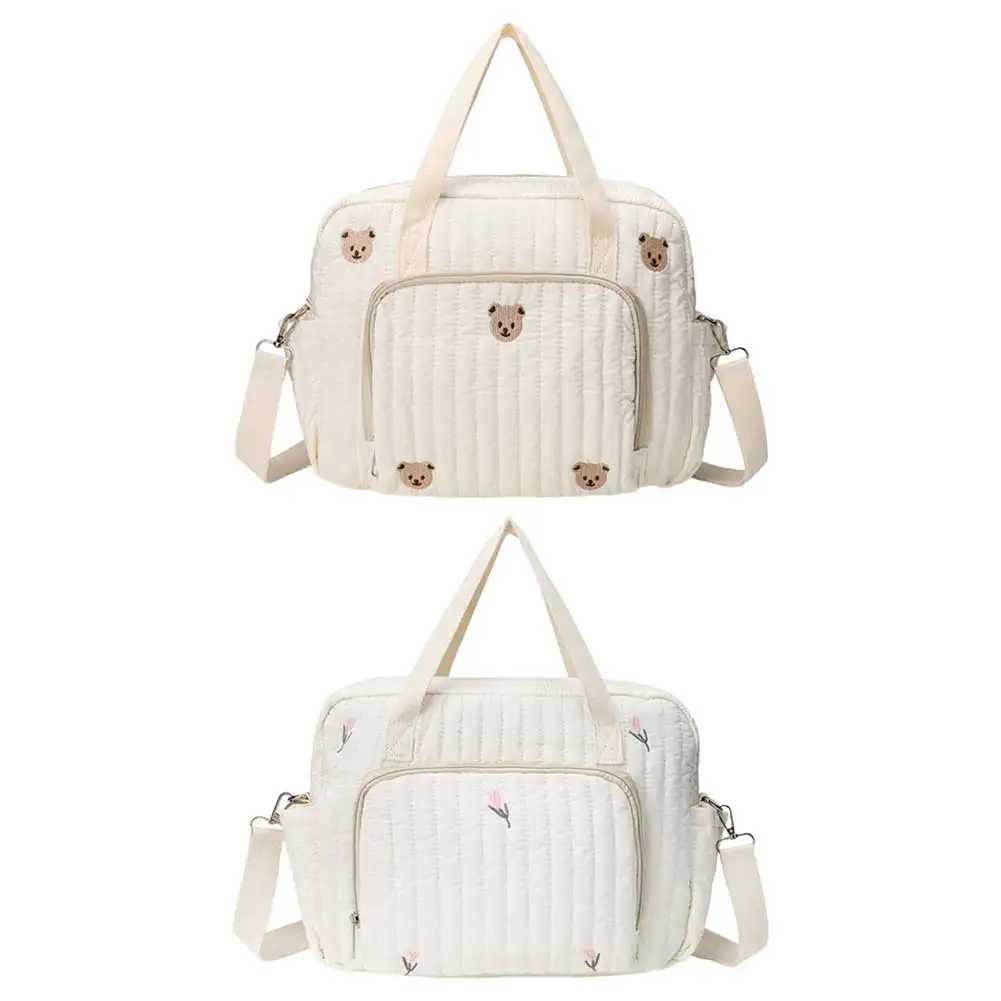 Bear/Flower Quilted Baby Nappy Bag Multifunctional Utility Tote Bag Cotton Travel Diaper Tote Adjustable Strap Diaper Handbag X250220