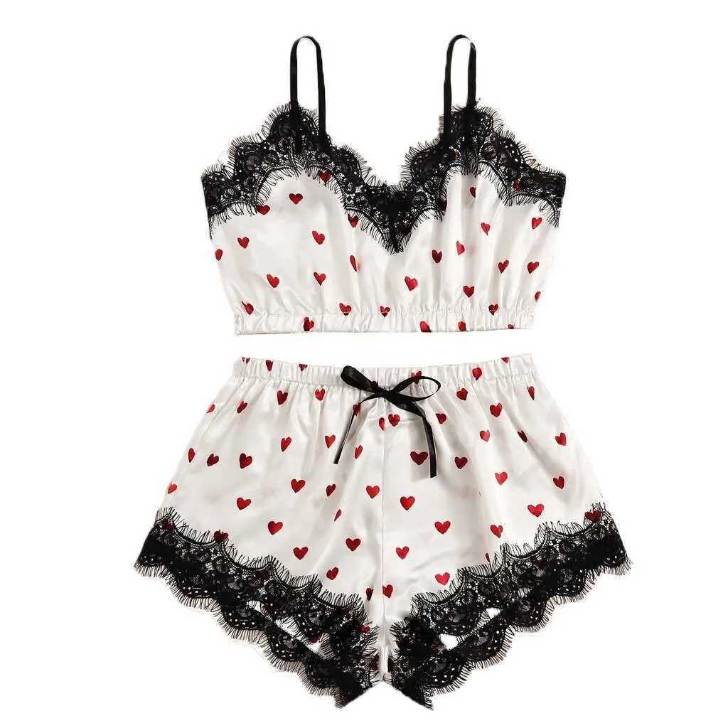 Women 2PCS/3Pcs Satin Ice Silk Pajama Set Heart Print Lace Sping Skirt Seamless Sexy Lingerie Homewear Pajama Short SpwearXJ250220