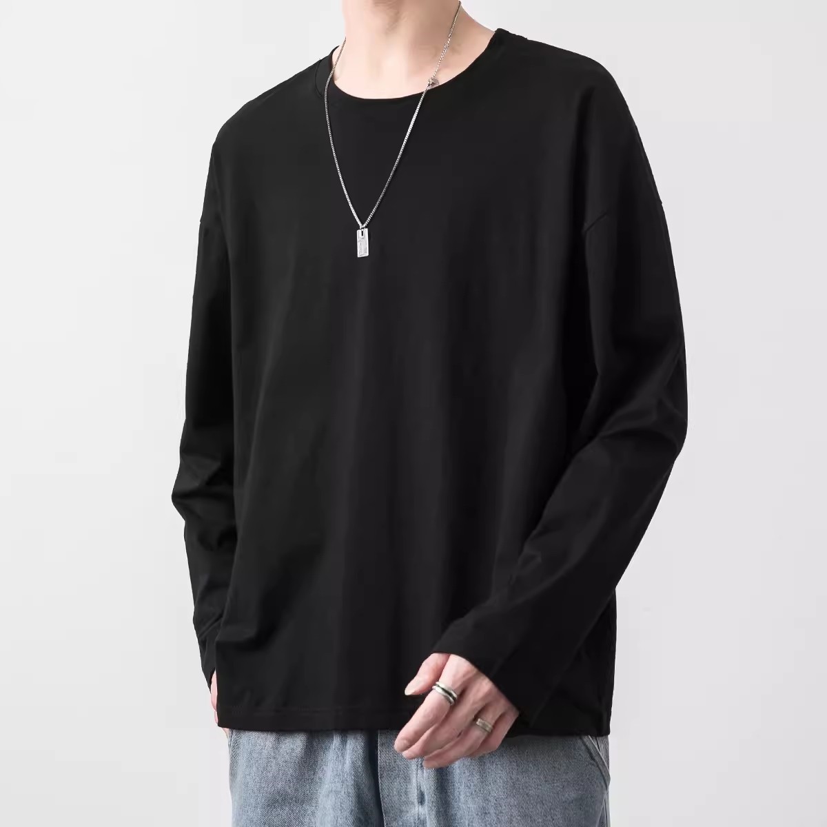 AL02211 Cotton long-sleeved bottoming shirt men's T-shirt solid color autumn loose sweatshirt white