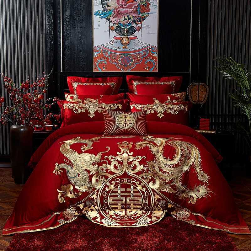 Luxury Dragon Phoenix Embroidery Duvet Cover Set 100%Cotton Chinese Wedding Red Bedding Bed Sheet Pillow Cover Queen King SizeXJ250220
