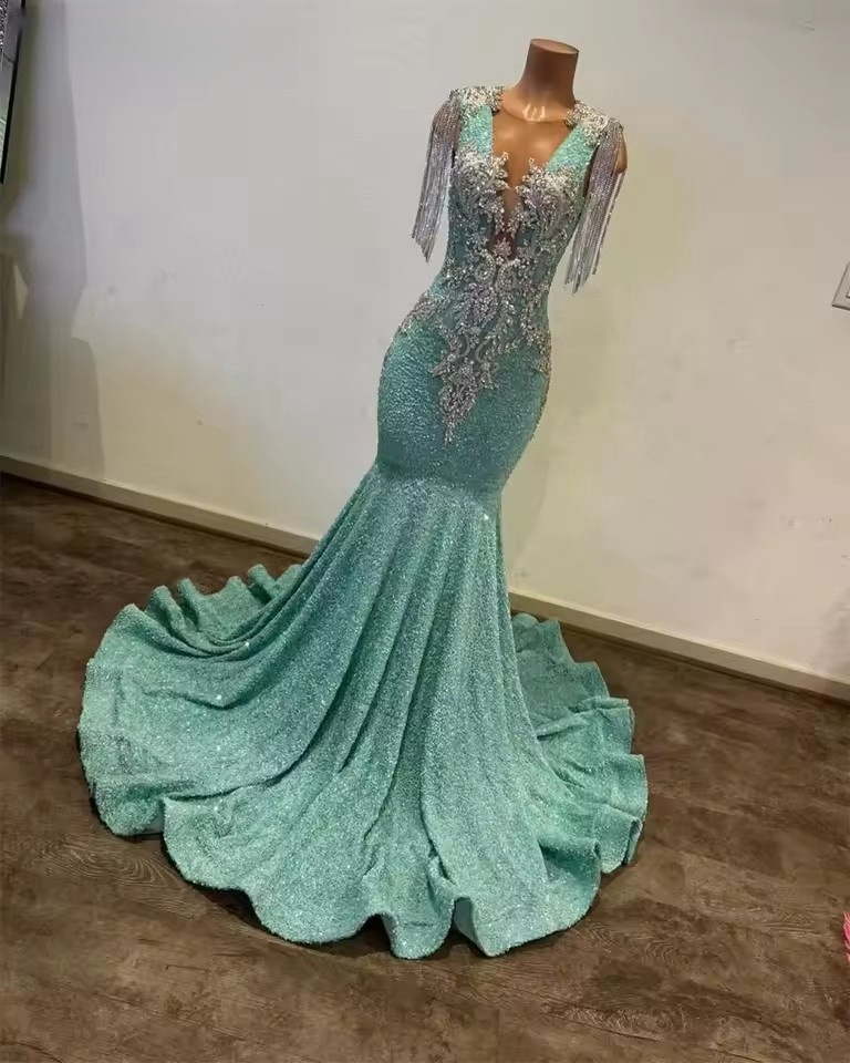 Sage Green Sequin Prom Dress With Bead Crystals Tassels - Formal Evening Gown For Black Girls, Birthday Parties & Special Ocns