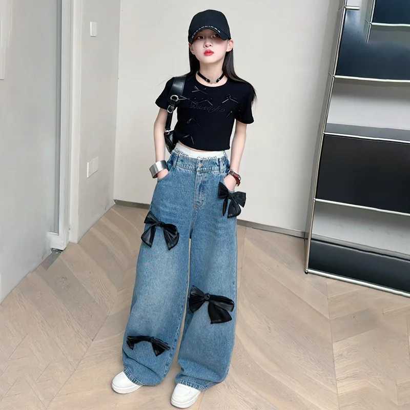 School Girls Jeans 2025 Spring Teen Childrens Wide Leg Pants Retro Black Triple Bow Blue Jeans Trousers for Kids Z250220