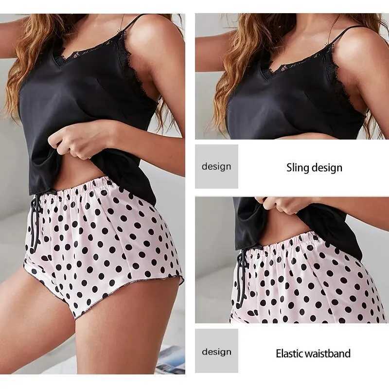 New Summer Womens Printed Polka Dot Shorts and Lace Decorated V-Neck Suspender Top Womens Sexy Pajama SetXJ250220
