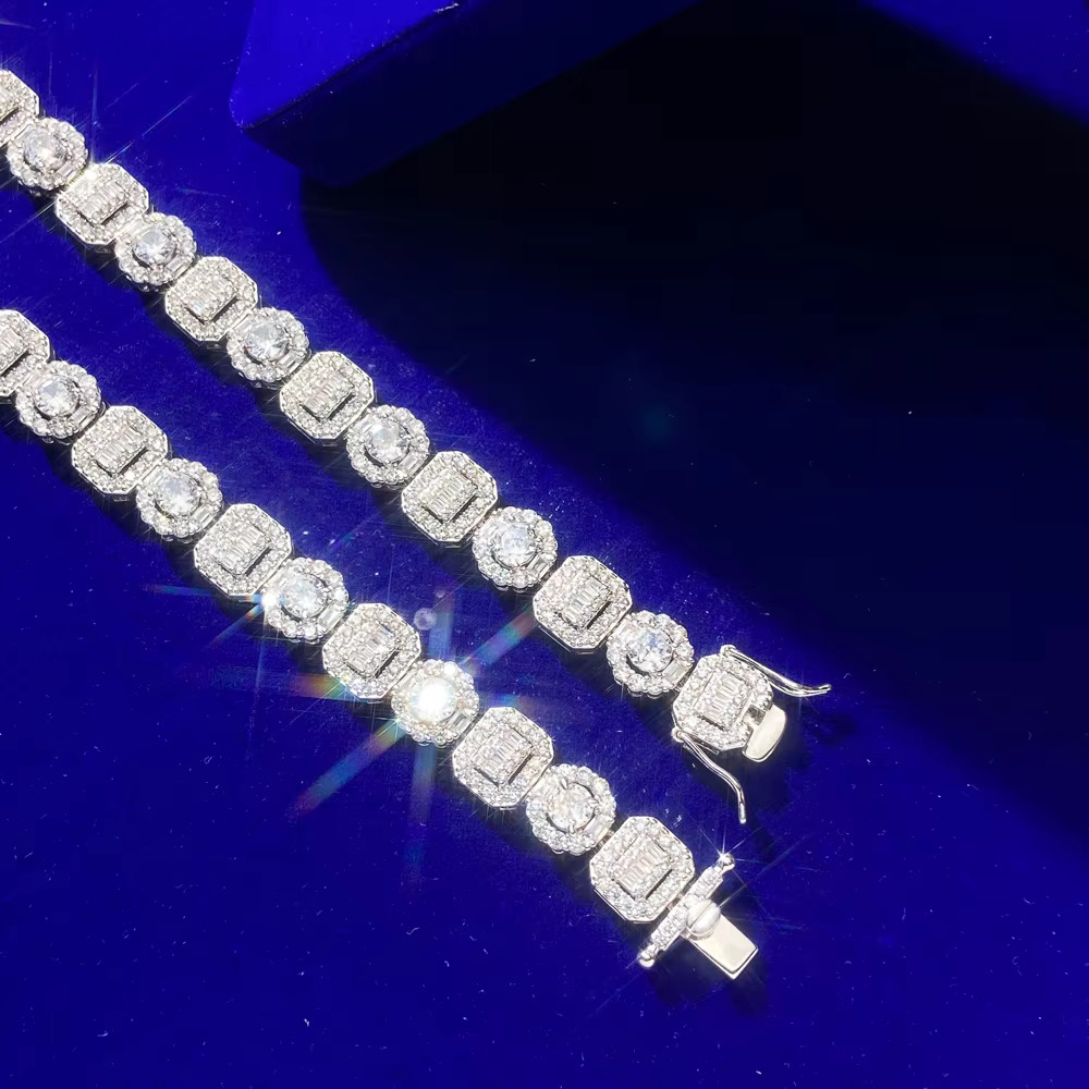 Hip Hop Custom Baguette Vvs Moissanite 10mm Square Halo Bg Cubic Zirconia Cluster Tennis Chain Necklace