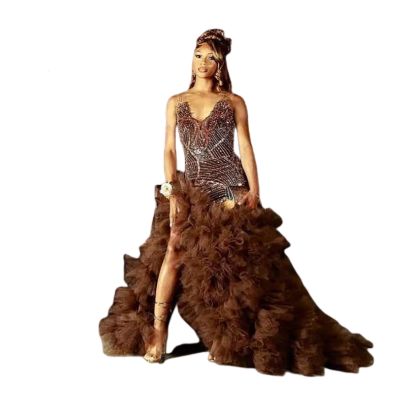 2025 Luxurious Beaded African Prom Dresses Side High Slit Sexy Pageant Party Dress Tiered Coffee Tulle Glitter Sequins Evening Gown Special Occasion W