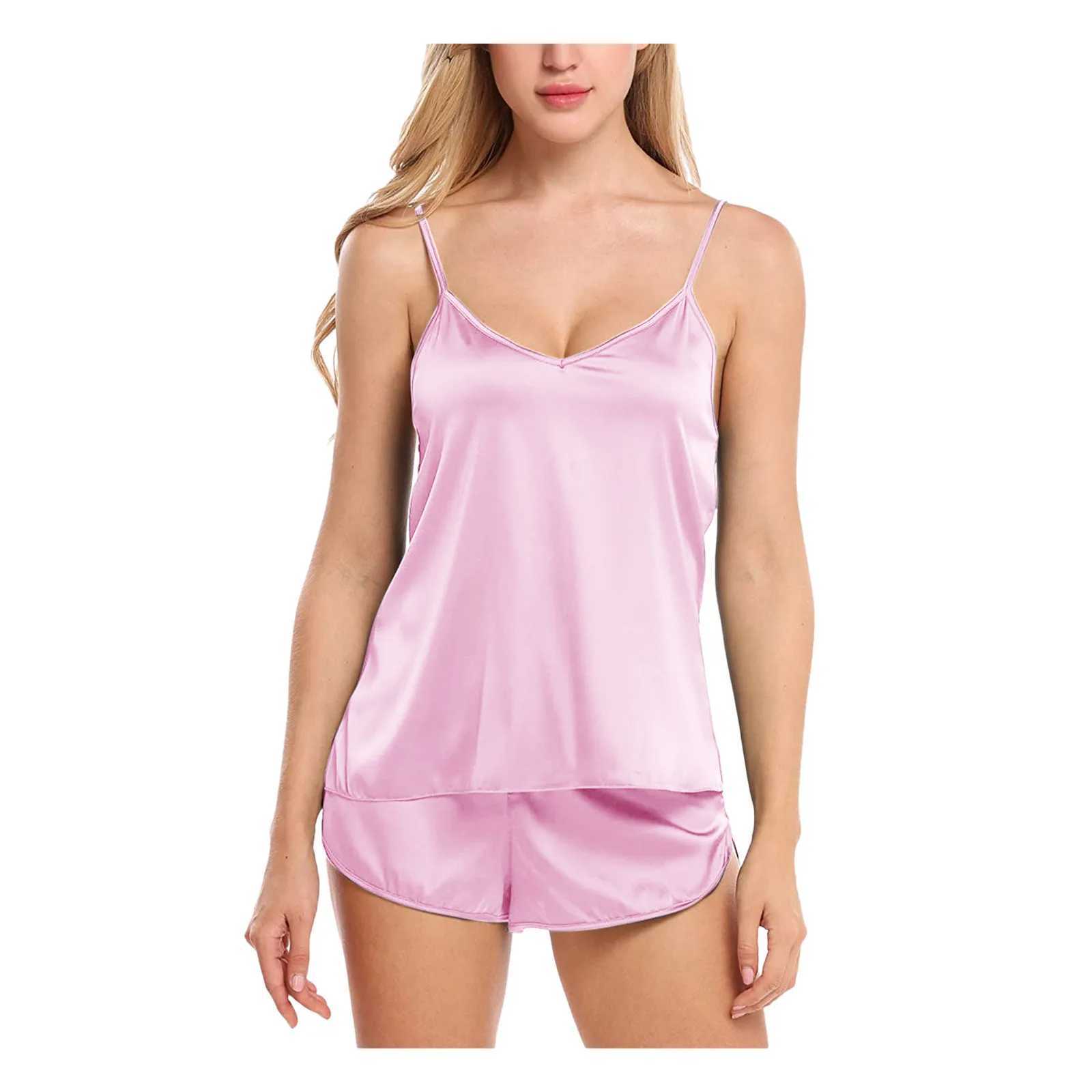 Womens Sexy Solid Color Lingerie Spwear Satin Silk Camisole Shorts Pajamas Set Summer Breathable Soft Lose V-Neck Home WearXJ250220