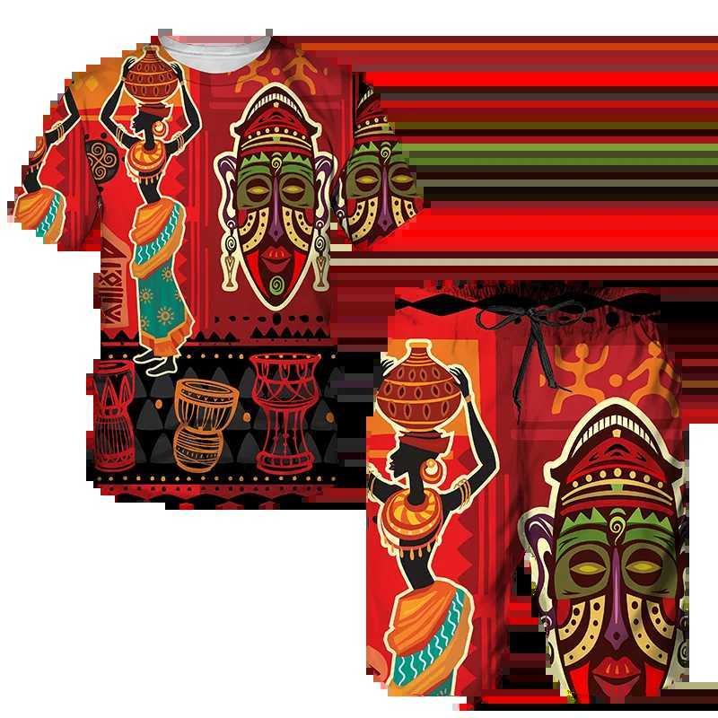 African Style Summer Mens Tracksuit Set Ethnic Totem Print T-Shirt Shorts Outfits Vintage Oversized Fashion Casual Clothing W250221