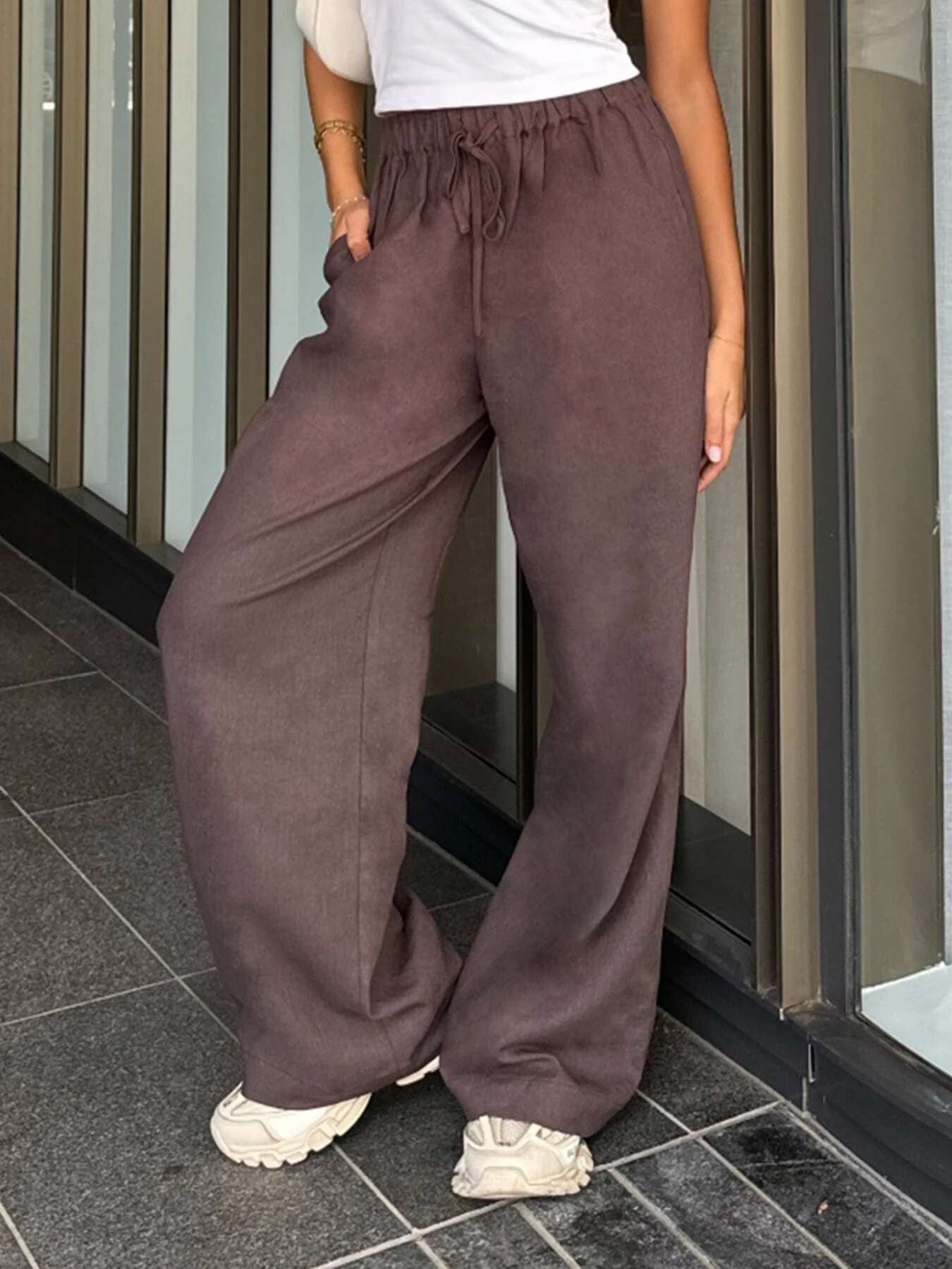 IAMSURE Casual Loose Bandage Straight Basic Elastic Low-Waisted Wide Lge Pants Women 2024 Summer Fashion Streetwear Ladies