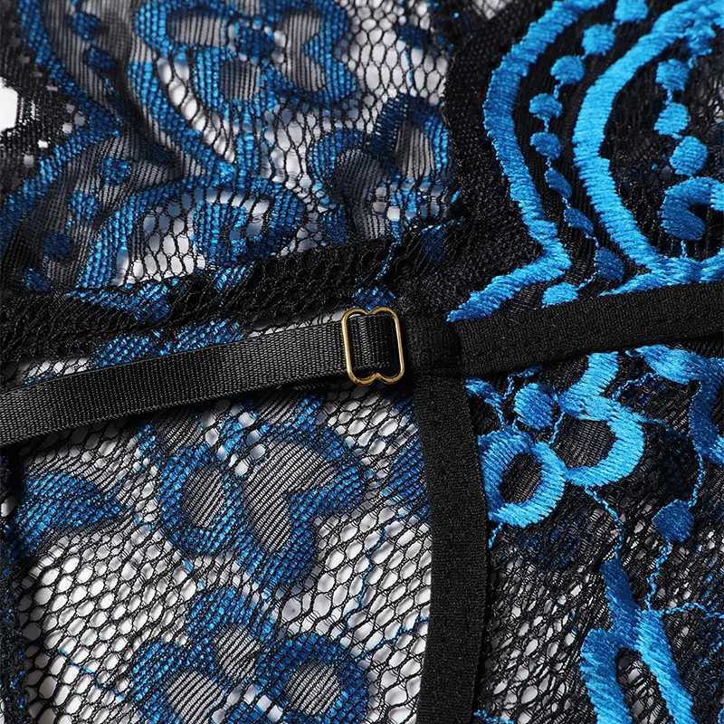 Hot Sexy Lingerie Set Porn Transparent Lace Hollow Out Erotic Underwear Sex Deep V Open Bra Crotchless Bodysuit Womens PajamasXJ250220
