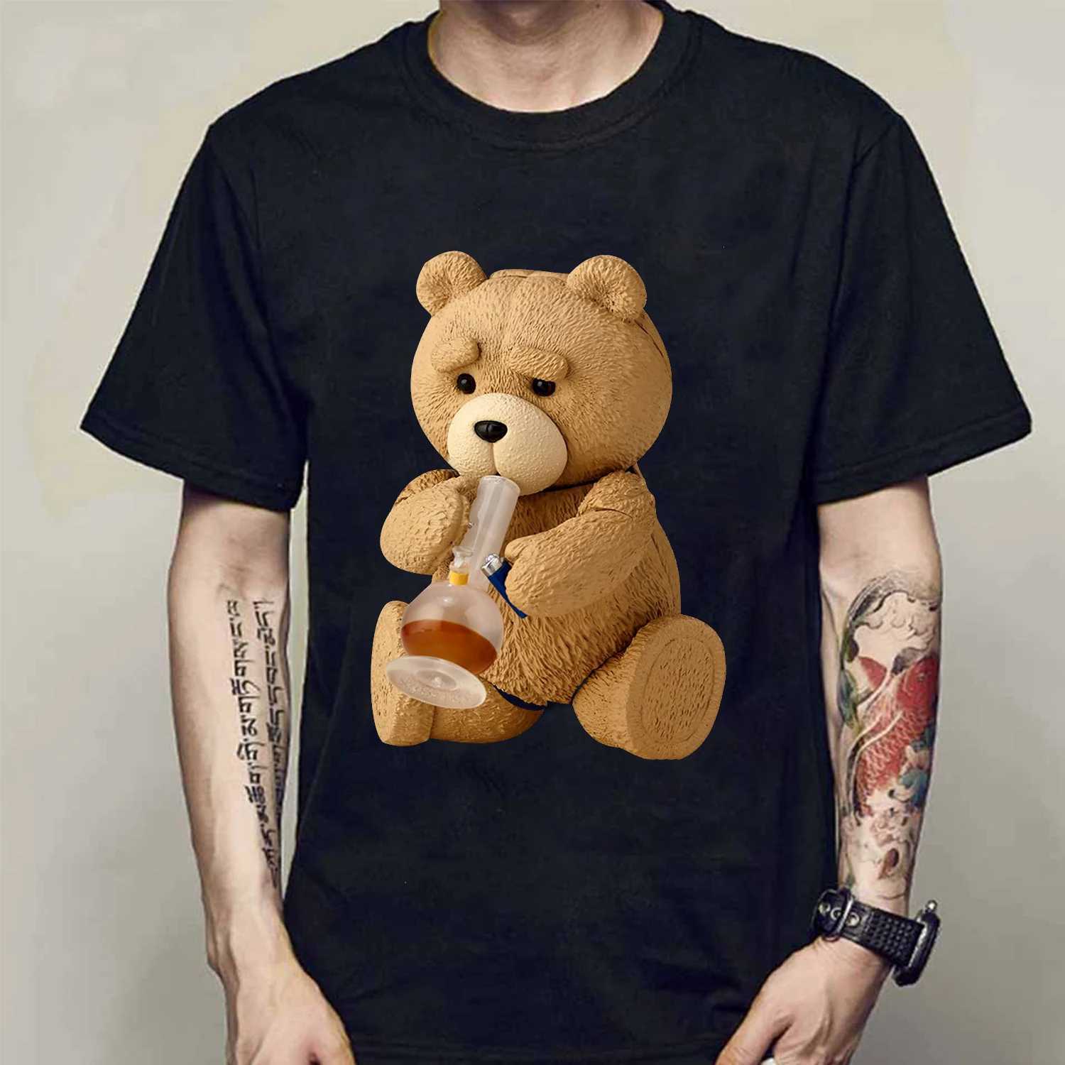 New Mens Print Cute Teddy Bear Drinking Beer Poster T-Shirt Summer Short Sleeve Top Cotton T-Shirt Cool T-Shirt Top Streetwear W250220