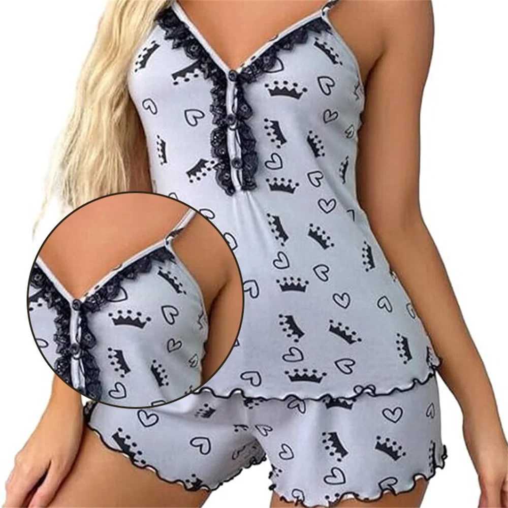 Pajama set Sexy Summer Two Pieces Women Pajamas Set Deep V-Neck Tops And Shorts Pajama Suit Ladies Sveless NightwearXJ250220