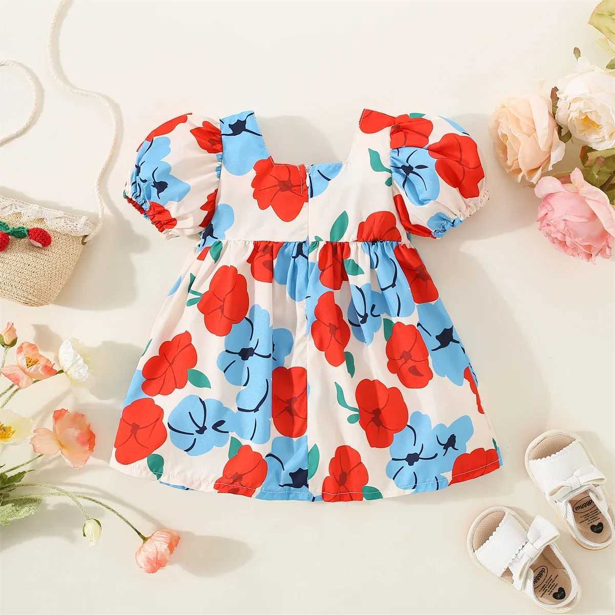 Girls Bow Dress Summer European And American Fashion Big Flower Short Sleeve Comfortable Square Neck Daily Knee Length Skirt X250220