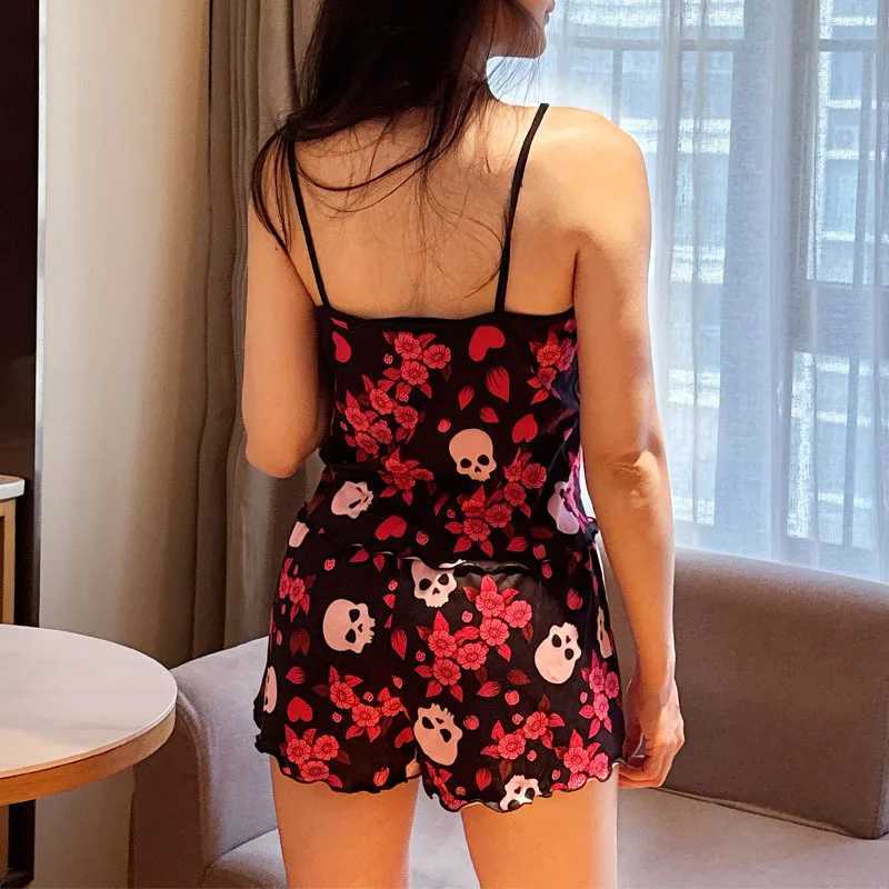 Sexy Nightwear Women Europe Home Wear Halloween Quirky Print Sling Pajamas Top Shorts Suspenders Loungewear Spwear 2 PCS SetXJ250220