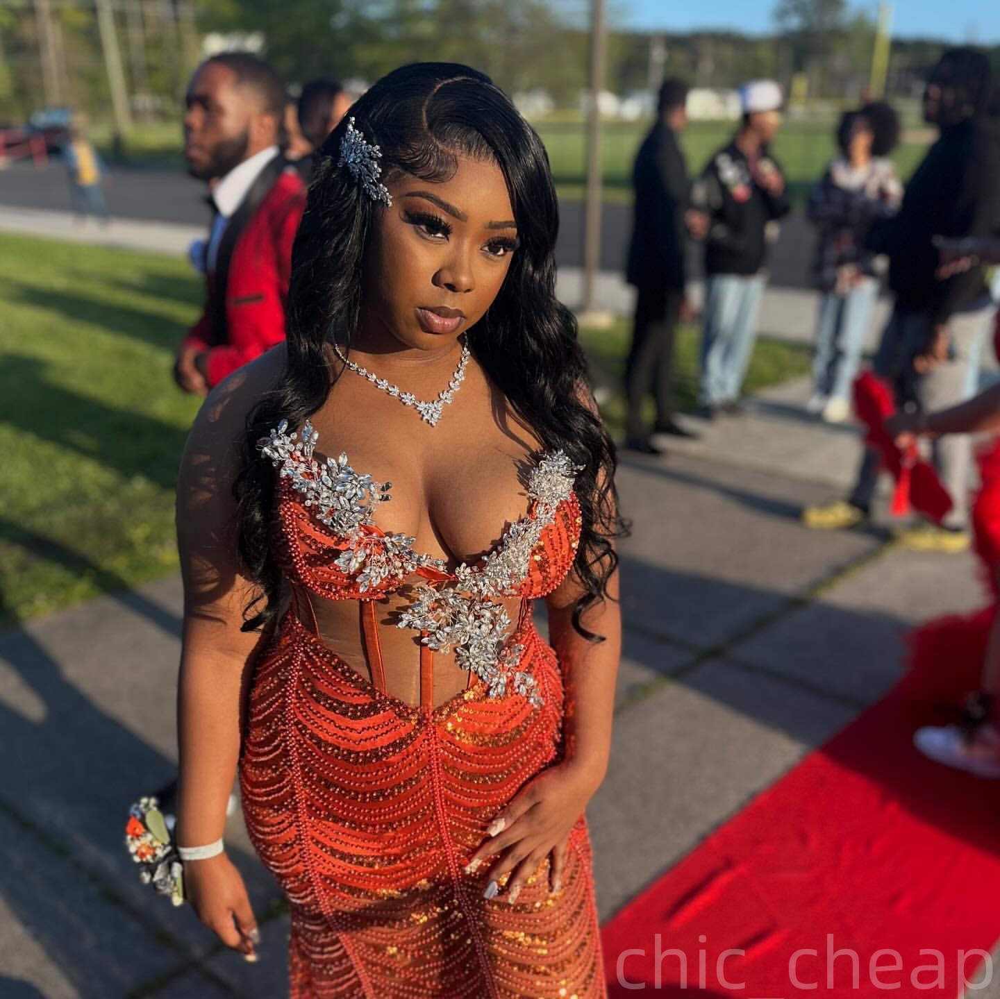 Orange Mermaid Prom Dresses 2025 Crystals Sequined See Through Evening Formal Party Second Birthday Engagement Gowns Plus Size Dress For Special Occas