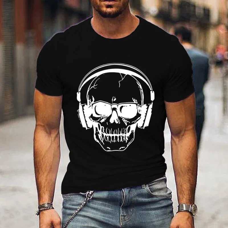 Skull Print T-shirts for Men Clothing Funny Music Tee Shirts Homme Luminous DJ Male T Shirt Short Sleeve Clothes Camiseta Hombre W250220
