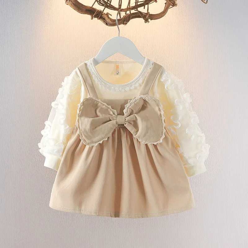 Spring Autumn Baby Girl Long Sleeve Dress Kids Bow Round Neck Comfortable Pink Dress Baby Clothes X250220