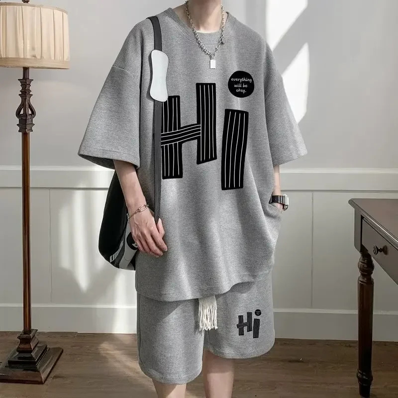 Casual Mens Summer T-Shirt Shorts Two-Piece Set Loose Fit Hong Kong Style Printed Plus Size Sportswear 250220