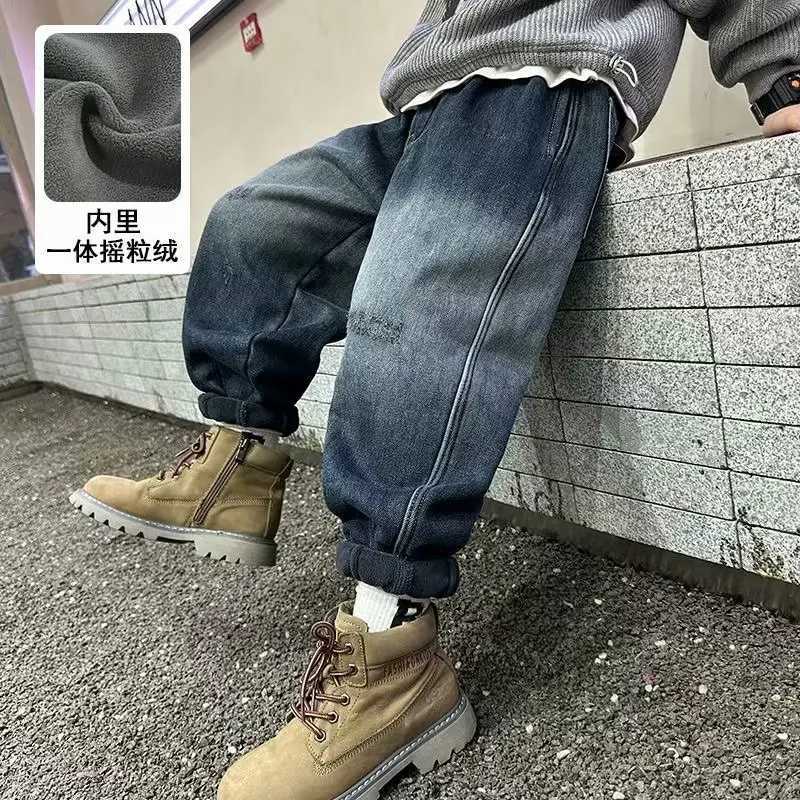 Boys Pants Winter Warm Fleece Velvet Denim Pants Jeans Winter Warm Elastic High Waist Kids New Children Jeans Z250220
