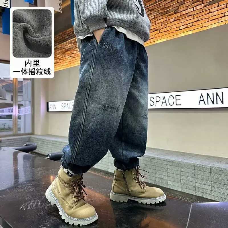 Boys Pants Winter Warm Fleece Velvet Denim Pants Jeans Winter Warm Elastic High Waist Kids New Children Jeans Z250220