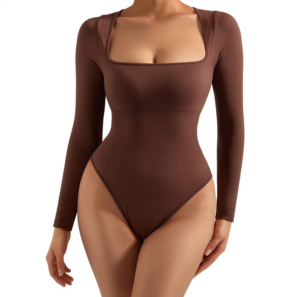 Long Sleeve Bodysuits Shapewear Women Sexy Ribbed One Piece Square Neck Solid Overalls Top Jumpsuit Streetwear Bodycon Bodysuit 250220