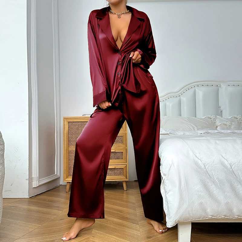 Womens 2 Piece Silk Satin Pajamas Long Sve Deep V-neck Lounge Sets Button Down Shirts And Pants Pj Fashion Oversized OutfitsXJ250220