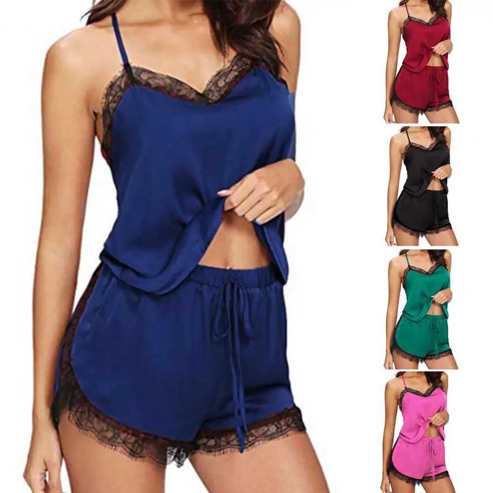 2 Pcs/Set Lady Pajamas Set Solid Color Lace Patchwork V Neck Lady Night Clothes For Home For WomenXJ250220