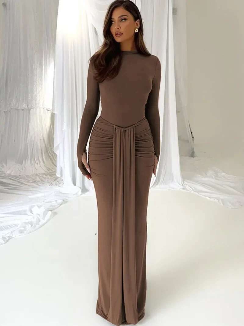 Women Elegant O-Neck Sleeve Bandage Evening Dress 2025 Spring Solid Color Bodycon Folds Long Party Dresses High Street