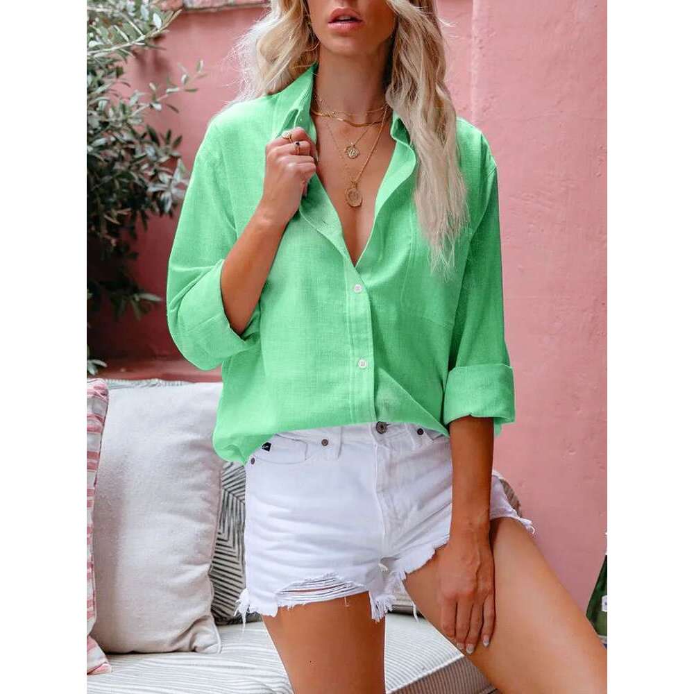 Women Casual Lapel Cotton En Loose Shirt Vintage Haruku Solid Blouse Elegant Long Sleeve Button Up Tops Office Lady Tunics