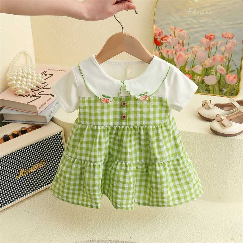 Summer New Small Fresh Plaid Baby Girl Dress Sweet And Cute Cherry Collar Childrens Short Sleeved Clothes (6-24 Months) X250220