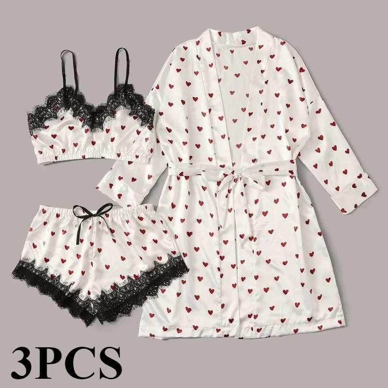 Women 2PCS/3Pcs Satin Ice Silk Pajama Set Heart Print Lace Sping Skirt Seamless Sexy Lingerie Homewear Pajama Short SpwearXJ250220