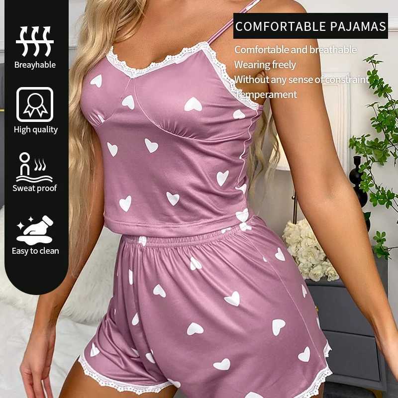 Womens Two-Piece V-Neck Suspender Lace Printed Top and Shorts Womens Casual Printed Pajama SetXJ250220