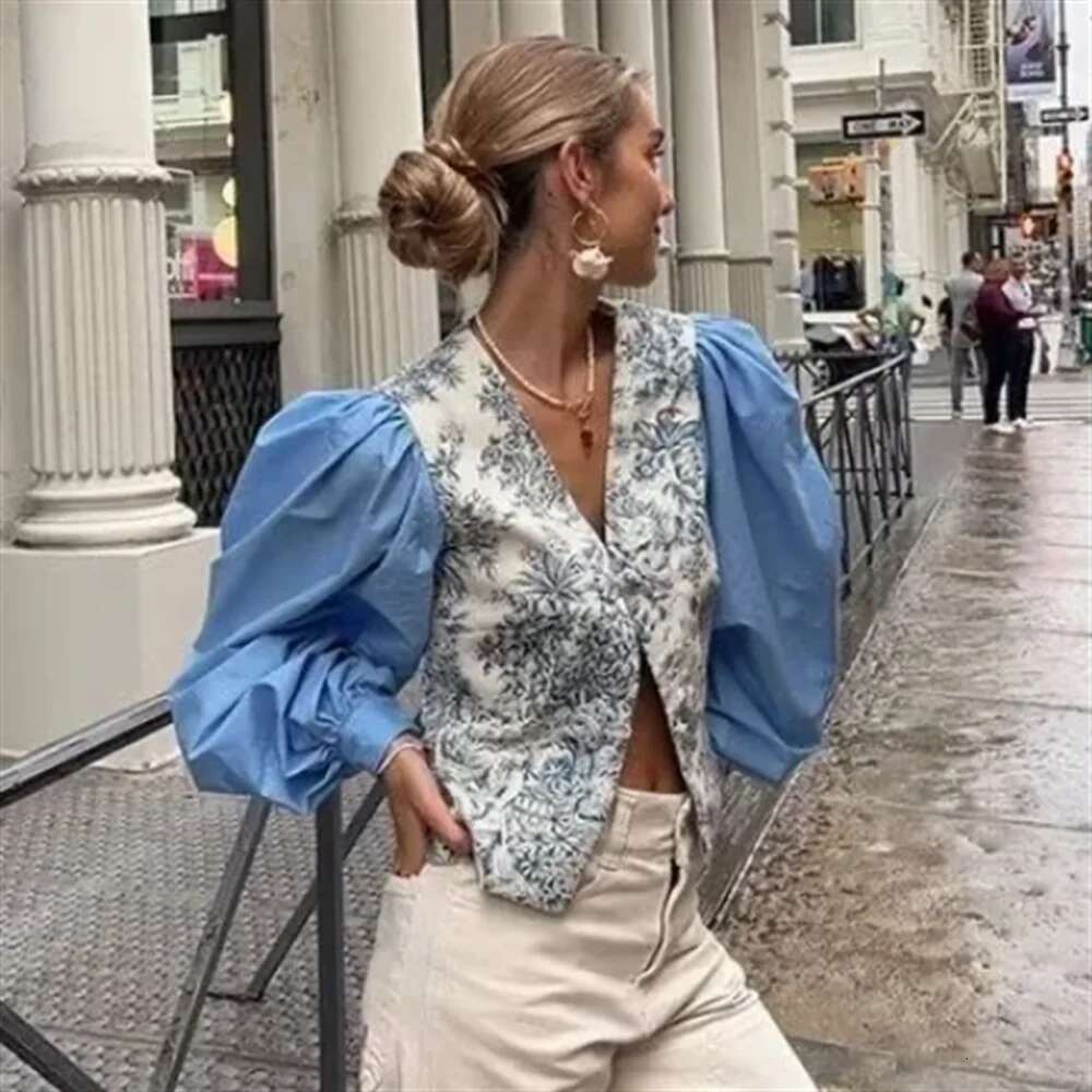 Pb&Za 2024 Spring New Women's Style Casual Loose And Versatile V-Neck Printed Spliced Long Sleeved Shirt Top