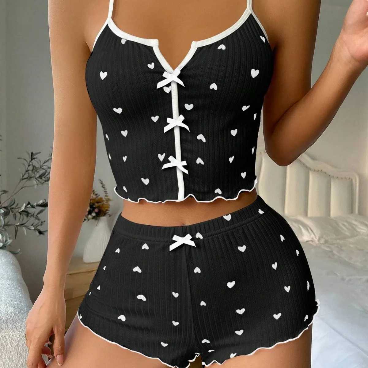 Sexy womens cute spwear new heart-shaped printed lettuce border bow vest and shorts Pj set soft spwearXJ250220