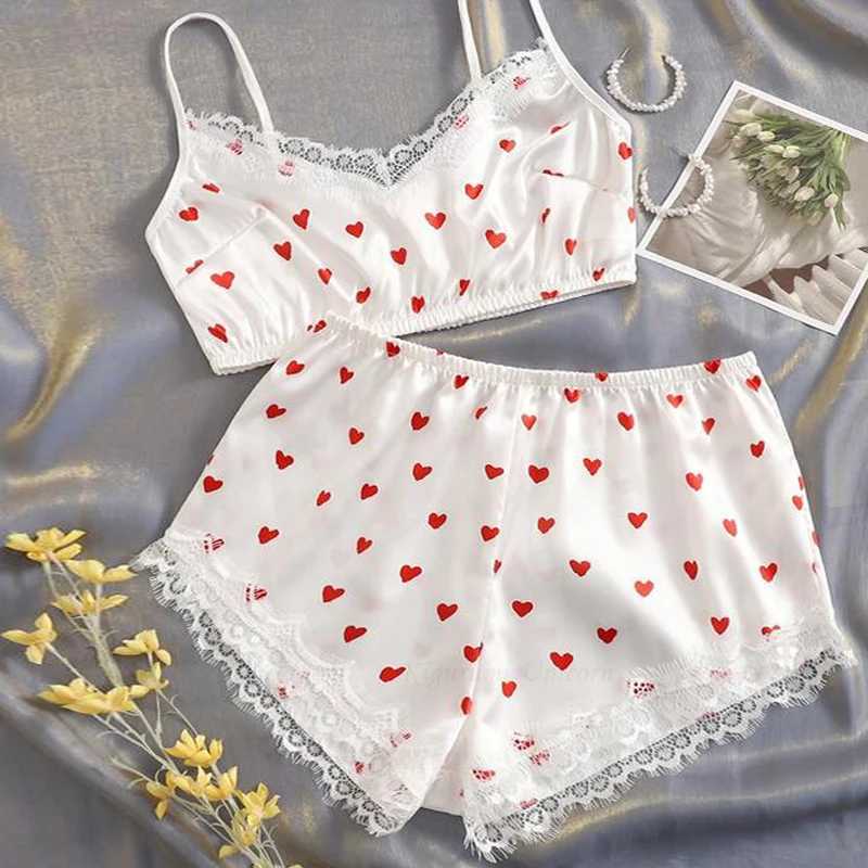 Women Sexy Lace Pajamas Set Silk Satin Spwear Summer V-neck Sveless Pijama Faux Silk Homewear Red Heart Print NightwearXJ250220