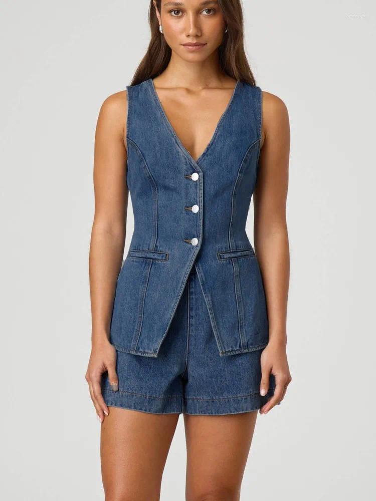 Womens Tracksuits Vintage Blue Denim Sleeveless Single Breasted Tops Suit Summer 2025 Jean Jacket Top Shorts Sets 2 Piece