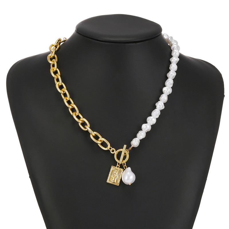 Vintage New Copper Snake Chain Baroque Pearl Portrait Square Plaque Single Layer Necklace Set