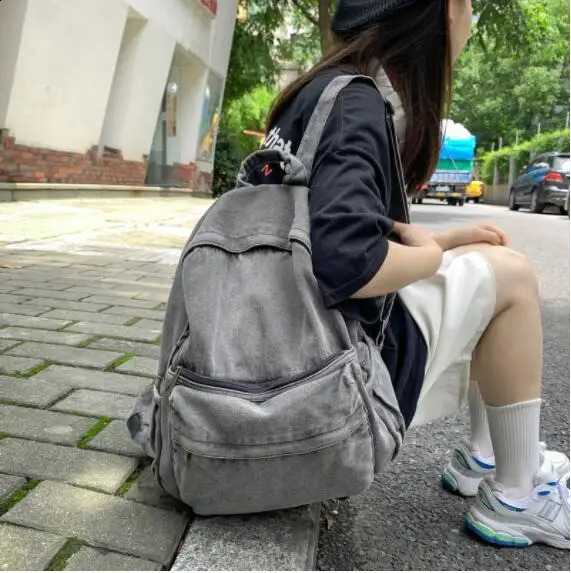 Retro Distressed Canvas Gray Backpack College Female Book Travel Backpacks Cool DenimLaptop Lady Student Ruckpack Bags sac 250122