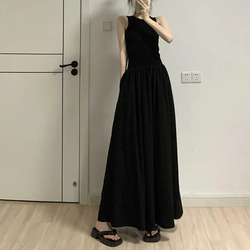 CW640 waist 2025 black Hepburn style long skirt sleeveless vest short sleeve skirt cotton high-end summer dress