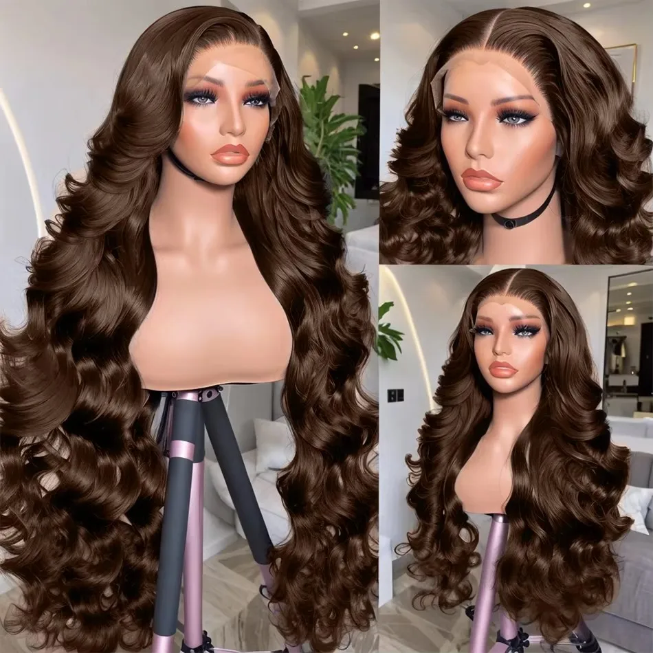 Free shipping Brazlian HD 13x6 Chocolate Brown Body Wave Front 13x4 360 Lace Frontal Wig Human Hair Pre Plucked Colored Synthetic Wigs